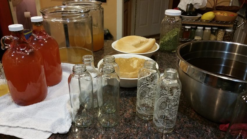 Tea prepared in big bowl, ready to pour into 2 gallon jars to start new batch of kombucha.